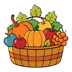 autumn Basket with pumpkin, grapes, apples and pears Clipart isolated vector illustration