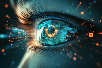 Futuristic eye with digital elements and data visuals symbolizing technology and innovation concepts in a connected world