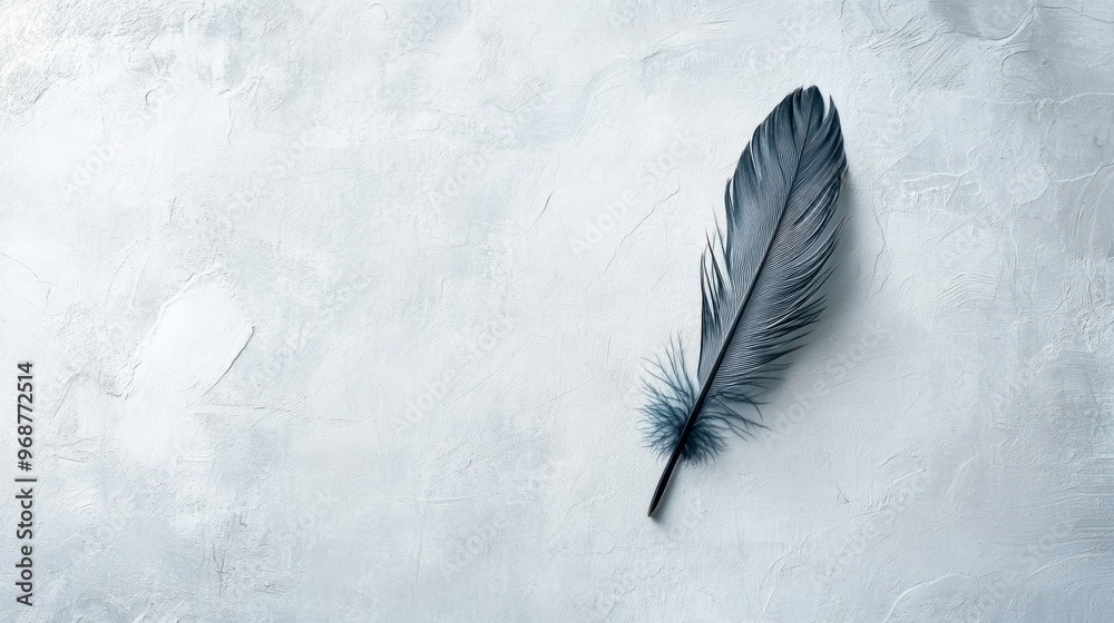 Poster a single black feather on a light gray textured surface