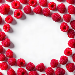 Ripe raspberries on a white background, top view.