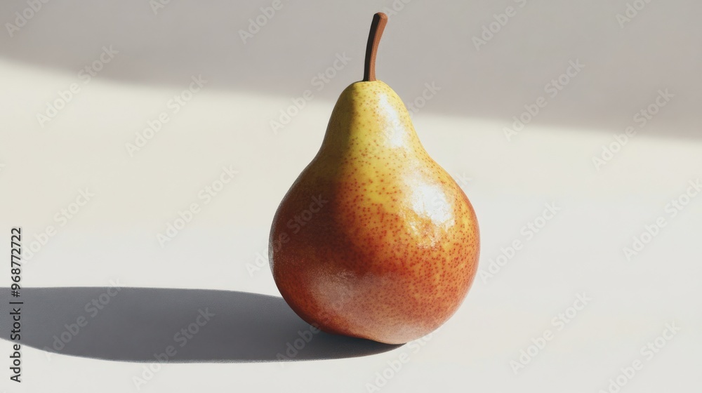Poster a single ripe red pear on a white surface