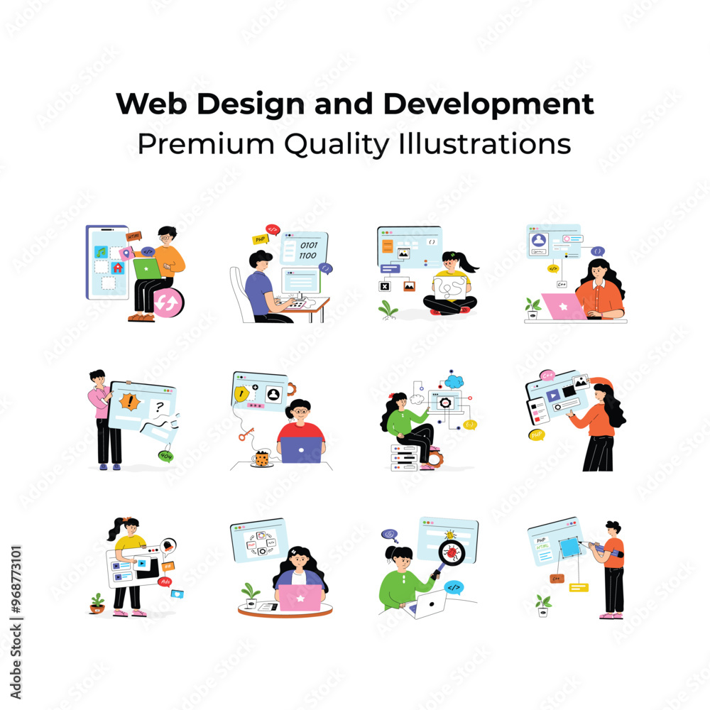 Poster pack of web design and development illustrations