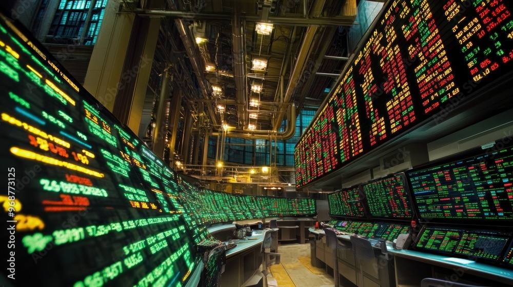 Poster stock exchange trading room with screens displaying financial data