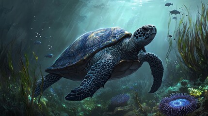 Fototapeta premium A large sea turtle swims through a vibrant underwater scene, sunlight filtering through the surface, surrounded by fish, coral, and seaweed.