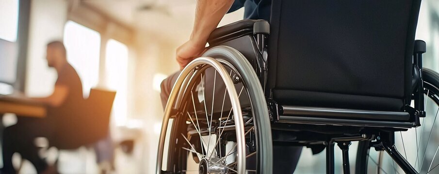 Close-up of Wheelchair Wheel in Modern Office Setting.