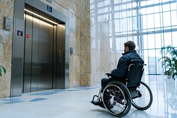 Man in Wheelchair Waiting for Elevator.