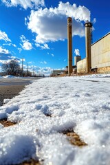 Obraz premium Winter's quiet embrace at an abandoned industrial site under a bright blue sky