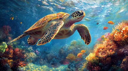 Fototapeta premium A large sea turtle swims gracefully through a vibrant coral reef, surrounded by colorful fish and marine life.