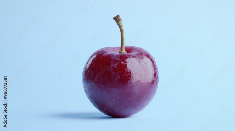 Poster a single red cherry with stem on a light blue background