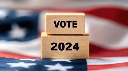 United States presidential election in 2024. Wooden cubes with text VOTE and 2024 over the American flag background. Politics and voting conceptual