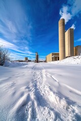 Winter landscape featuring snowy trails beside industrial buildings under a bright sky