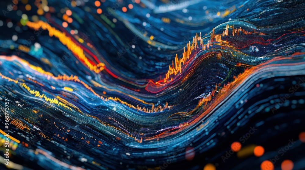 Poster abstract wavy lines with bright orange and red highlights
