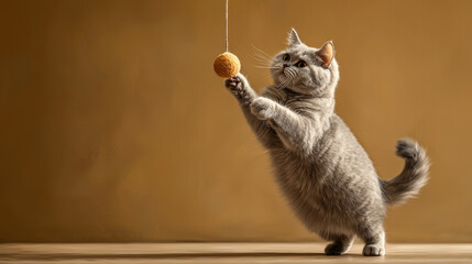 Playful British Shorthair cat batting at hanging toy, showcasing its agility and curiosity. warm background enhances joyful atmosphere of this delightful moment