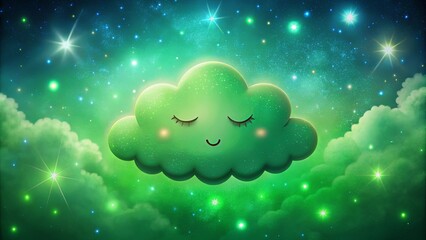 A serene green cloud with closed eyes beneath a starry sky
