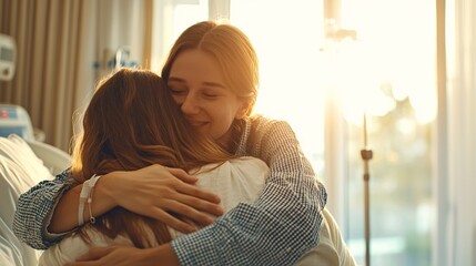 Woman hugging a patient in a hospital room.