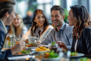 A lively group enjoying a business lunch, sharing laughter and conversation over delicious food in a modern setting.