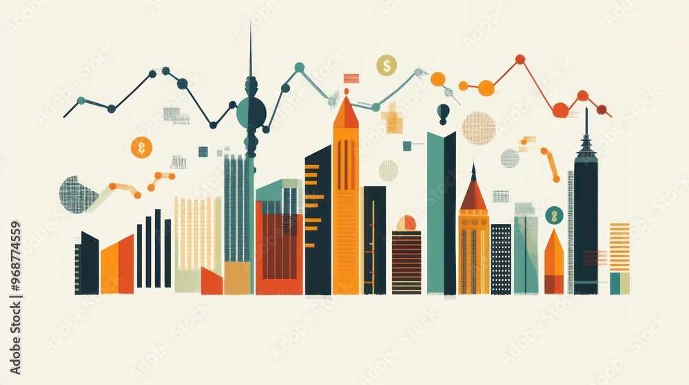 Poster abstract cityscape with financial data and charts