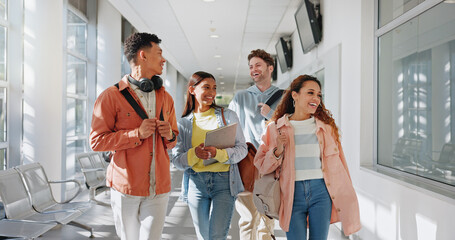 Walking, college or students on break talking or speaking of scholarship, education or future plan...