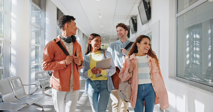 Walking, college or students on break talking or speaking of scholarship, education or future plan on campus. Learning, school or happy friends in university corridor bonding in social conversation