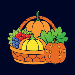 autumn Basket with pumpkin, grapes, apples and pears Clipart isolated vector illustration