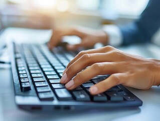 Close-up of hands typing on a keyboard, showcasing productivity and focus in a modern workspace environment.