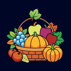 autumn Basket with pumpkin, grapes, apples and pears Clipart isolated vector illustration