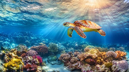 Obraz premium A sea turtle swims through a vibrant coral reef, illuminated by the sun's rays.