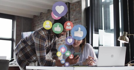 Animation of digital icons and data processing over diverse business people in office - Powered by Adobe