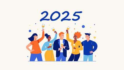 Fototapeta premium happy men and women with glasses of champagne, 2025, poster, banner, calendar or greeting card, design, greeting, web banner or billboard with 2025, background
