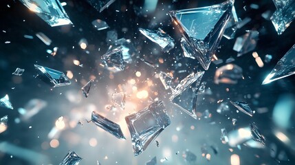 Shattered glass pieces floating in space with reflections and light effects