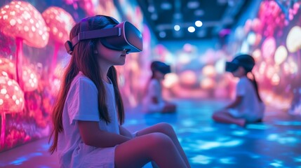 AI-powered interactive learning platforms for children in virtual environments: Kids using VR headsets to explore interactive learning worlds, guided by AI tutors.