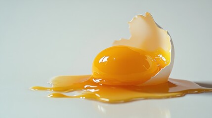 A Cracked Egg with a Runny Yolk on a White Surface
