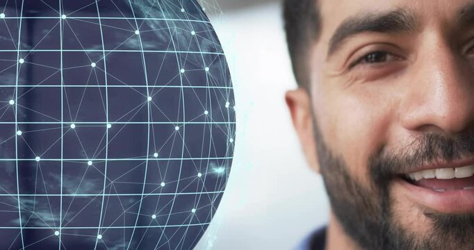 Animation of globe and data processing over biracial businessman in office