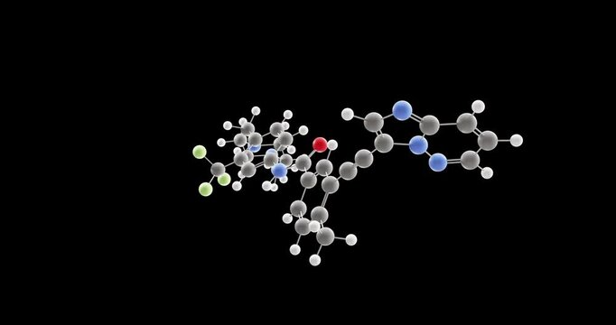 Ponatinib molecule, rotating 3D model of antineoplastic agents, looped video on a black background