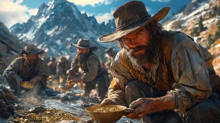 Gritty gold prospectors panning for gold in a rugged mountain stream