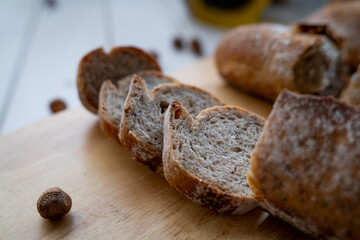 homemade wholegrain baguette, sliced