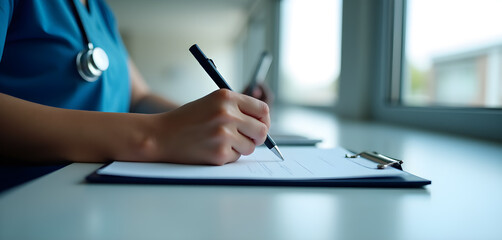 Fototapeta premium Nurse Writing Patient Records at Healthcare Office