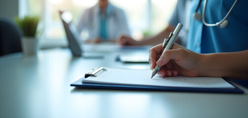 Fototapeta premium Medical Team Writing Patient Notes in Healthcare Environment