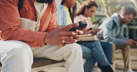 Results, outdoor or hands of man with phone in university for learning application, news or higher education. Closeup, mobile notification or students with academic registration, scholarship or marks