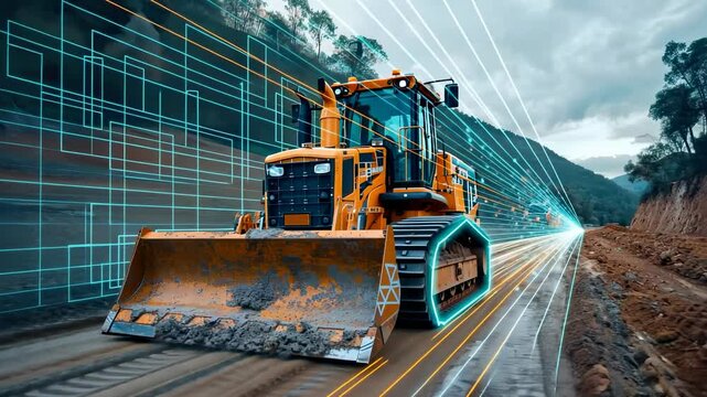 A bulldozer on a construction site with an advanced holographic overlay
