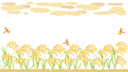 実った稲・稲穂と雲と赤とんぼの秋のイラスト　アスペクト比16：9バージョン © Rica Nohara