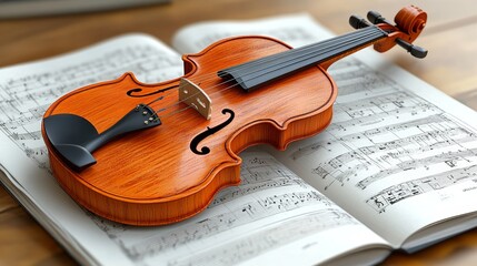 A beautifully crafted violin resting on a musical sheet, perfect for conveying artistry and passion in music.