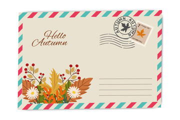 Autumn envelope. Minimalist envelope design with floral decoration and retro envelope design celebrating the fall season arrival