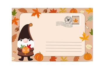 Fototapeta premium Autumn postcard with a gnome holding a pumpkin surrounded by seasonal leaves, mushrooms, and acorns design