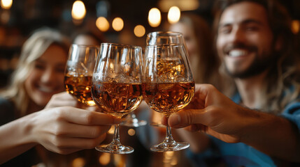 A group of friends joyfully toasts with glasses filled with drinks in a warm, inviting atmosphere