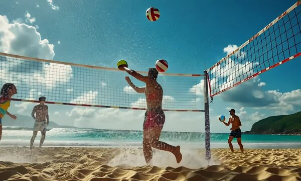 Friends playing beach volleyball for National Volleyball Day, intense match on the sandy beach, hyperrealistic . Video
