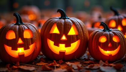 Fototapeta premium A Pumpkin-Filled Scene with Glowing Jack-O'-Lanterns and 'Happy Halloween' in a Cheerful, Playful Font