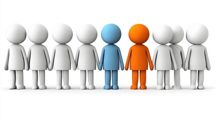 A diverse group of stick figures, featuring one blue and one orange figure among white figures, symbolizing individuality and unity.