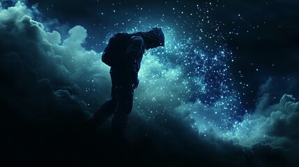 A lone traveler gazes into a starry universe, surrounded by ethereal clouds, capturing the essence of adventure and discovery.
