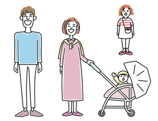 ベビーカーの乗る赤ちゃんと若い夫婦と女の子
